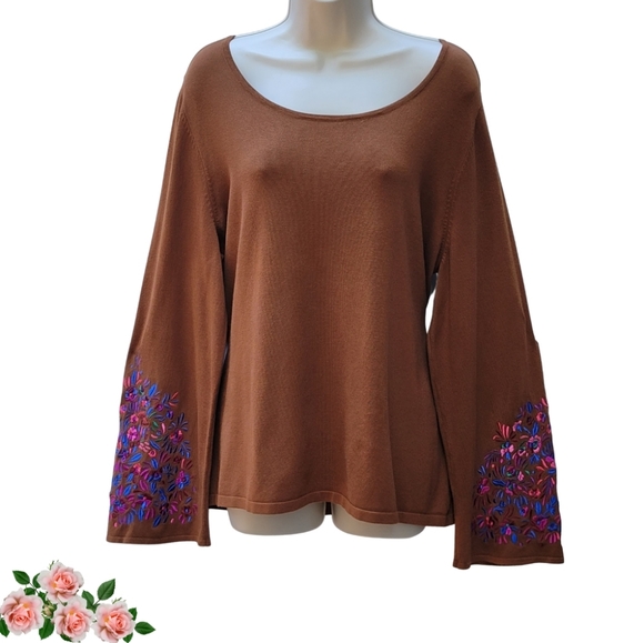 Linea by Louis Dell'Olio Sweaters - Whisper Knit QVC Italy Caramel Knit Sweater Embroidery Sleeves Women's Size XL